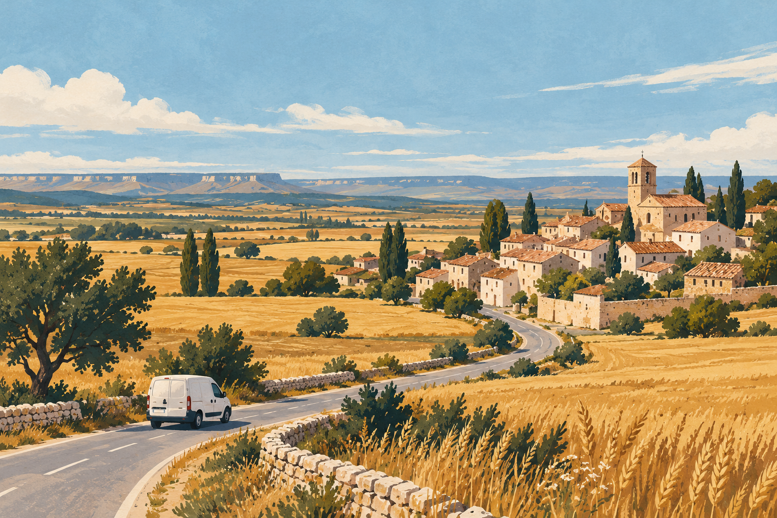 Ilustración de una furgoneta de reparto por un camino entre campos de trigo hacia un pueblo castellano.